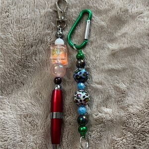 Set of 2 Red Pen and Green Keychain Beaded Set Hand Made by me New